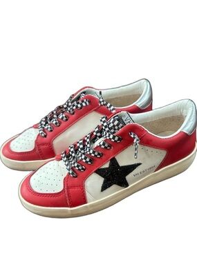 Vintage Havana Red White Black Glitter Star Sneakers Checkerboard Laces Size 8
